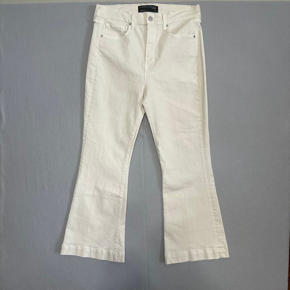 Veronica Beard Carson Ankle Flare Jeans Cream/Ivory High Rise Size 32 Made in LA